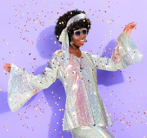 Jexine 70s Women Disco Outfit Costume Disco Party Top Pants Sunglasses Ball Necklace Earring Wig for Halloween New Year Eve