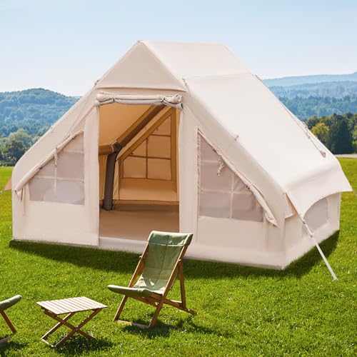Tangkula Inflatable Camping Tent with Pump, 4-6 People Outdoor Blow Up Cabin Tent with 7 Mesh Windows, 2 Doors, 4-Season G...
