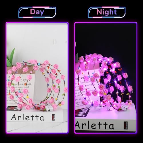 YOFOBU 24PCS LED Flower Crown,Pink Light Up Flower Headband for Women,Glow in The Dark Flower Wreath Crowns for Weddings,B...