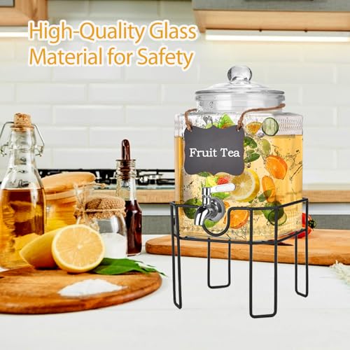 Drink Dispenser, Drink Dispensers for Parties, 1 Gallon Glass Beverage Dispenser with Stand and Glass Lid, 100% Leakproof ...