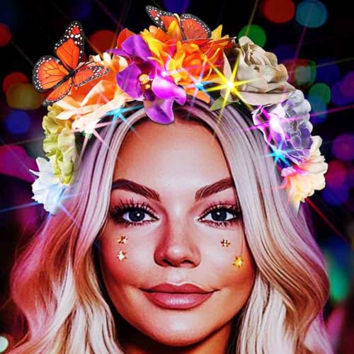 DRESBE Boho Light Up Flower Headband LED Butterfly Floral Headbands Glow Hawaii Beach Party Hair Accessories for Women (Mu...
