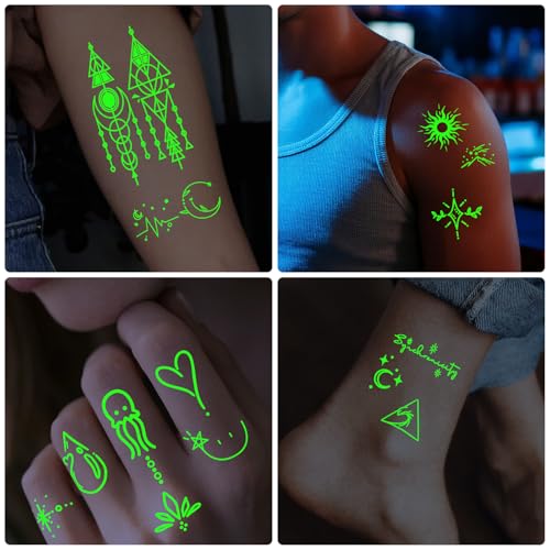 60 Sheets Glow in the Dark Temporary Tattoos, Minimalism Luminous Fake Tattoos Stickers for Adults Men Women Halloween Rav...