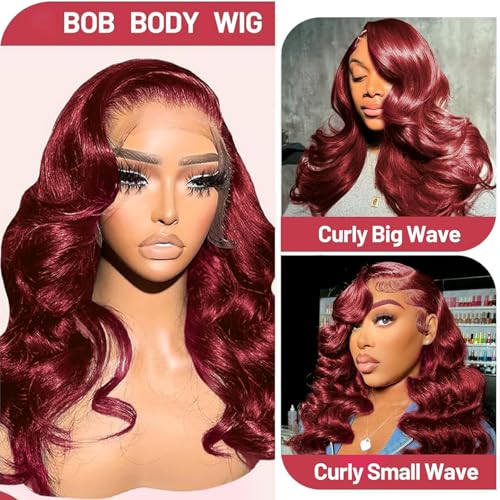 Reddish Brown Bob Wig Human Hair Body Wave 13x4 HD Lace Front Wigs Human Hair 16Inch 33# Body Wave Lace Frontal Wig Pre Plucked 180% Density Wine Red Bob Wigs for Women