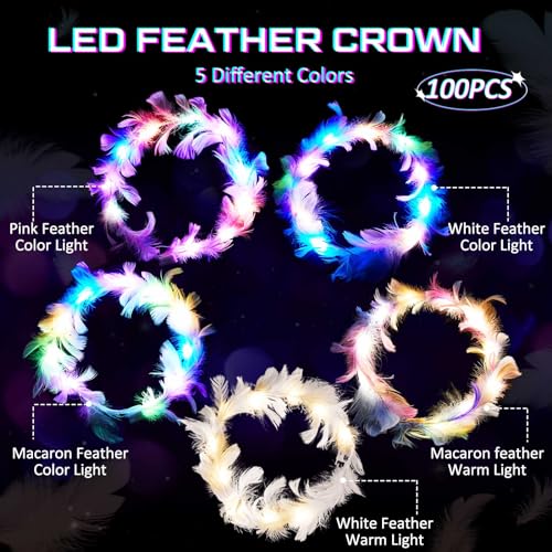 Taiyin 100 Pieces LED Feather Crown Headband Light up Angel Wreath Headband Flower Crowns for Women Wedding Halloween Birt...