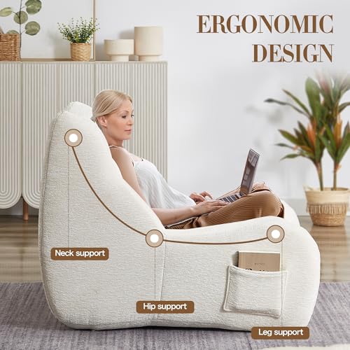KEIKI Bean Bag Chair with Armrests & Side Pockets, Oversized Comfy Lounge Sofa, High-Resilience Foam, Ergonomic Design, Plush Accent Chair for Living Room & Bedroom, White