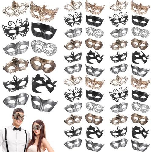 Chivao 60 Pcs Couple Masquerade Mask for Women Men Bulk Unisex Vintage Venetian Mask for Graduation Prom Ball Antique Costume