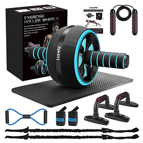 Ab Roller Wheel, 10-In-1 Ab Exercise Wheels Kit with Resistance Bands, Knee Mat, Jump Rope, Push-Up Bar - Home Gym Equipme...