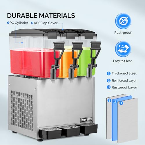 ROVSUN Commercial Beverage Dispenser 7.8 Gal/30L, Commercial Juice Dispenser Cold Drink Dispenser 10L X 3 Tanks Stainless ...
