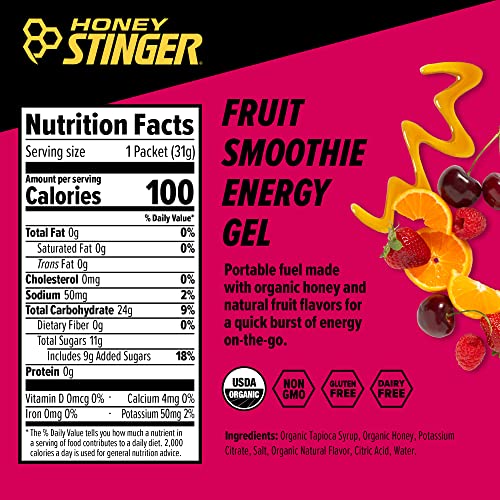 Honey Stinger Organic Fruit Smoothie Energy Gel, Gluten Free & Caffeine Free, for Exercise, Running and Performance, Sport...