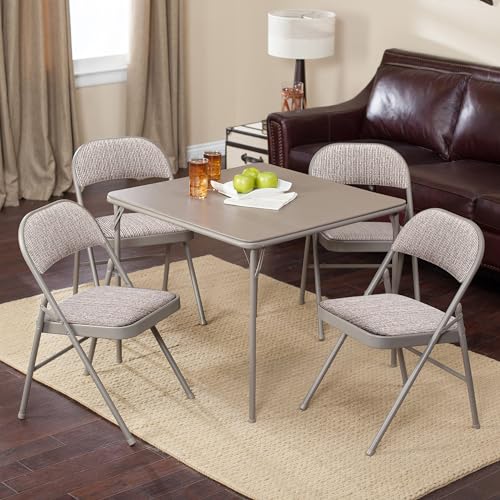 MECO 4-Pack Steel Frame Folding Dining & Event Chairs, Chicory Lace Motif Upholstery, Beige - Foldable Seating with Cushio...