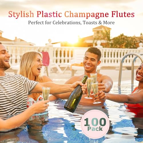 100 Pack Plastic Champagne Flutes Disposable Champagne Glasses, 4.5 Oz Clear Mimosa Glasses Bulk Cocktail Toasting Cups fo...
