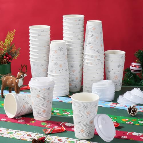 Foxtell 100 Pcs 16 oz Christmas Coffee Cups with White Lids Snowflake Disposable Paper Cups Bulk Insulated Hot Cocoa Cup f...