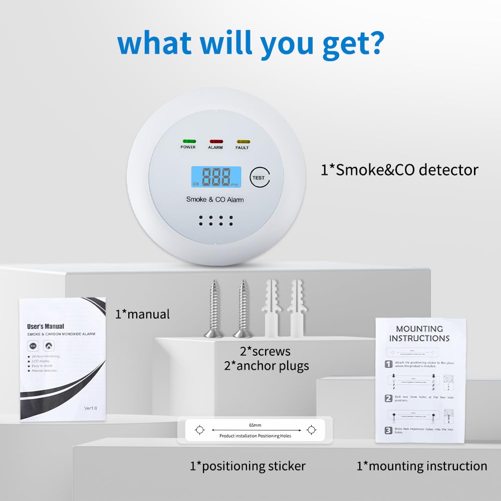 2 in1 Smoke Detector Carbon Monoxide Detector Combo,with LCD Digital Display and Sound Warning Test Button，Battery Powered，Easy Installation, for Home, Bedroom, Kitchen (1PACK)