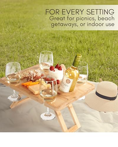 Outdoor Wine Picnic Table, Wooden Folding Picnic Table with Glass Holder, Bamboo Wine Glass Snack Tray for Indoor & Outdoo...