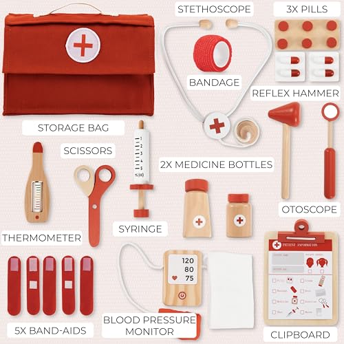 Wooden Doctor Play Set for Toddlers - A Complete Durable Pretend Play Medical Kit for Kids 3-5 with Realistic, Non-Toxic T...
