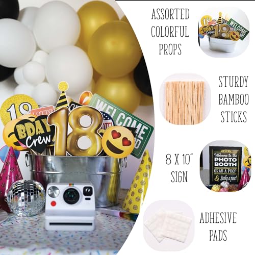 18th Birthday Photo Booth Props - 41-pc Photobooth Kit with 8 x 10-Inch Sign, 60 Adhesive Pads, 45 Sticks - 18th Birthday ...