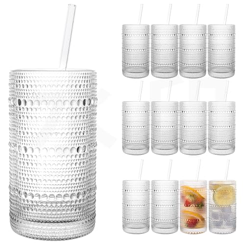Dingerjar Upgraded Large Capacity 16 oz/480 ml Hobnail Glasses Drinking Set of 12 - Heavy Vintage Glassware