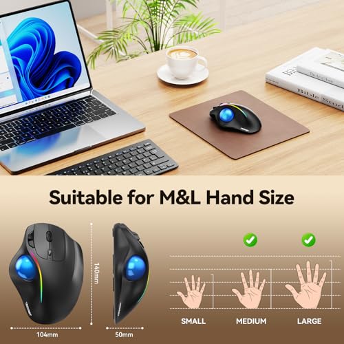 TECKNET Pro Wireless Trackball Mouse, Bluetooth Mouse with Ergonomic Thumb Control, USB-C Rechargeable, RGB Light Mice wit...