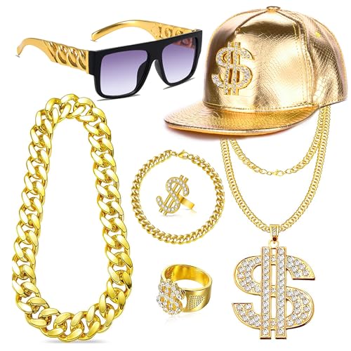 GIFIKOI 80s 90s Hip Hop Costumes Outfit Kit Fake Gold Chain Necklace Dollar Sign Cap Jewelry Set Rapper Accessories