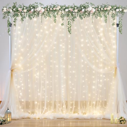 10ft x 10ft Champagne Tulle Backdrop Curtain with Lights String for Parties Wedding Bridal Shower Sheer Champagne Curtain ...