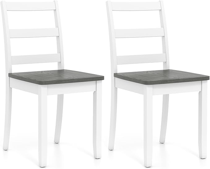 Giantex Dining Chairs, Wooden Armless Kitchen Chairs with Solid Rubber Wood Legs, Farmhouse Ladder Back Dining Chairs for Dining Room (2, White+Gray)