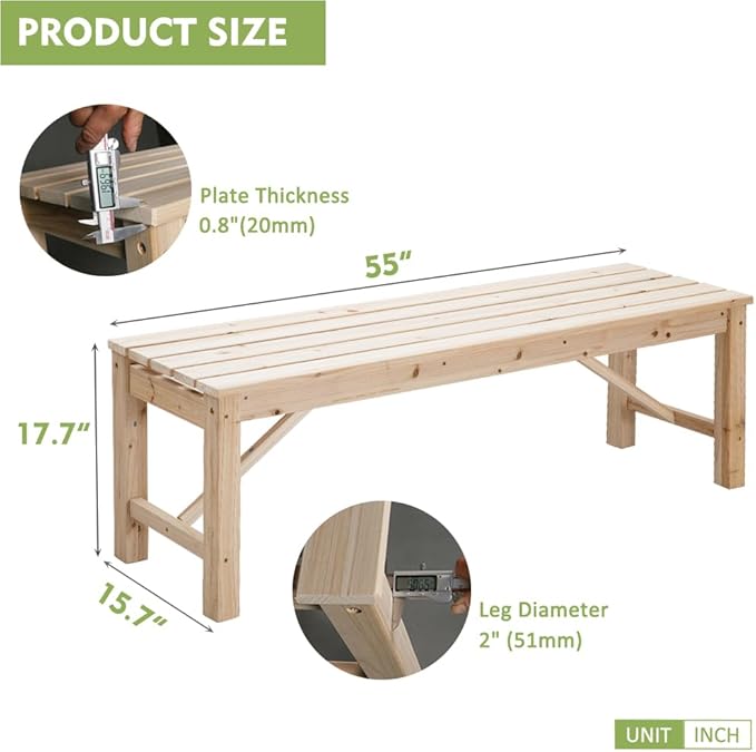 Kdgarden Outdoor Wood Bench Indoor Backless Porch Rustic Square Fir Log Solid Wood Fire Pit Bench for Patio Garden Deck and Backyard, 55" W×15.7" D×17.7" H, Natural