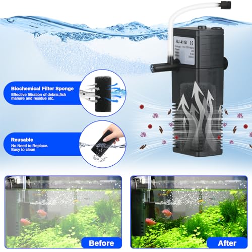 Aquarium Filter Small Betta Fish Tank Filter for 2-15 Gallon Silent 4-in-1 Adjustable Air Flow Fish Turtle Shrimp Tank Fil...