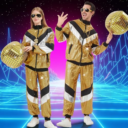 Ezuwail Disco Costume for Men Women – 70s 80s 90s Outfits Retro Party Tracksuit, Couples Disco Costumes Halloween Outfit