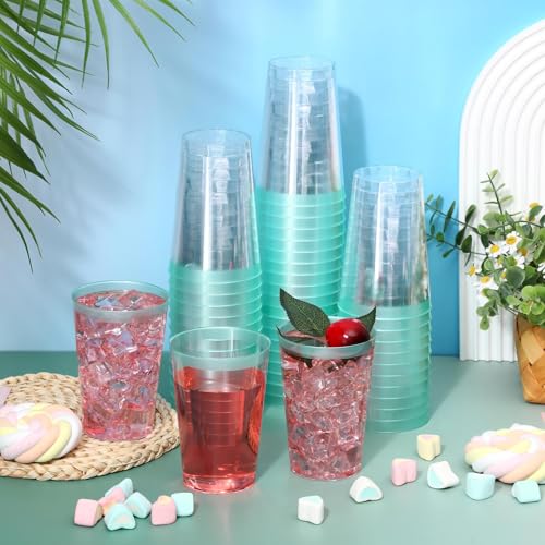 Patelai 100 Pcs Teal Blue Plastic Cups 12 oz Teal Blue Rimmed Plastic Cups Heavy Duty Disposable Wine Glasses Clear Cockta...