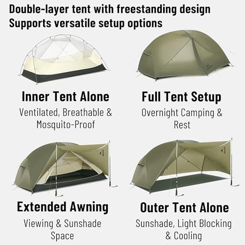 Naturehike 2025 Mongar Pro Camping Tent, 1-3 Person Ultralight Backpacking Tent, 20D Nylon 3 Season Waterproof Mongar 2 Pe...