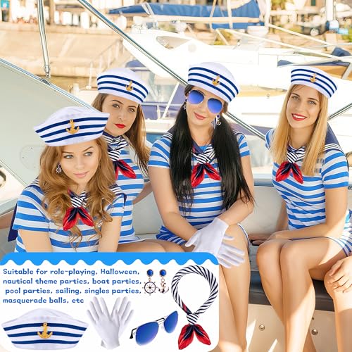 Watayo 5 Pcs Halloween Nautical Sailor Hat and Scarf Cosplay Outfit, Yacht Captain Sailor Cap Scarf Sunglasses Gloves Earr...