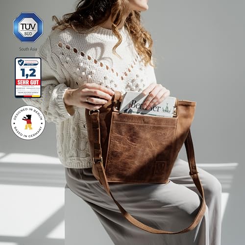 BERLINER BAGS Vintage Leather Shoulder Bag Verona, Large Handbag for Women - Brown