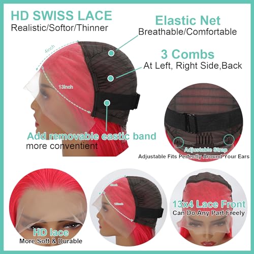 Pink Bob Wigs 13x4 HD Lace 100% Human Hair Front Wig Brazilian Unprocessed Virgin Human Hair Wigs Pre Plucked Natural Hairline Transparent Lace Pink Front Bob for Women (14")