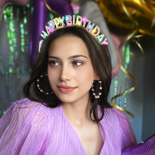 Uranian Light Up Birthday Headbands and Sash Led Rhinestone Crowns Birthday Hairbands Party Favor Hair Accessories for Women