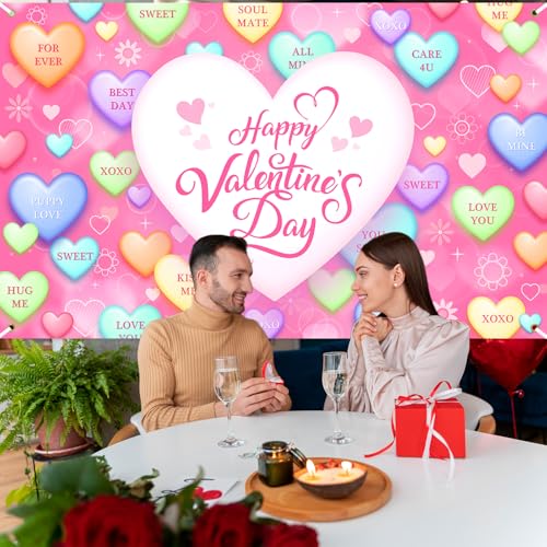 Mocsicka Valentines Day Backdrop Sweet Conversation Hearts Valentines Day Banner Party Decorations Photo Booth Props (Pin...