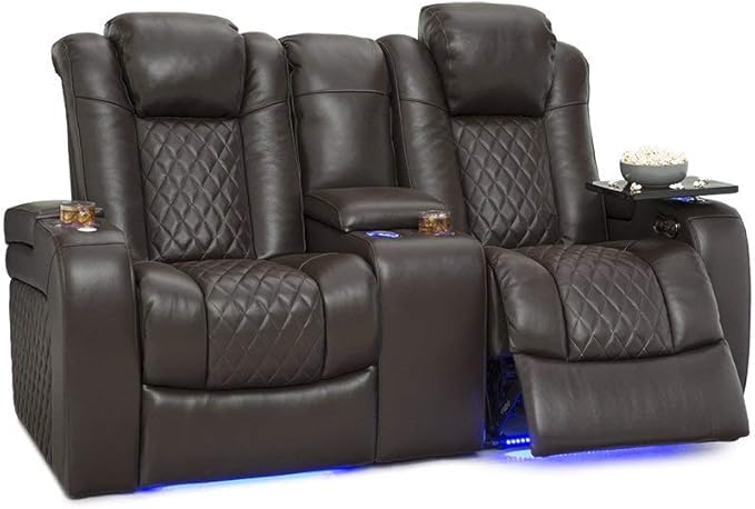 Seatcraft Anthem Italian Leather Sofa w/Fold-Down Table & Loveseat w/Storage Console, Living Room, Power Headrest, Power Recline, Brown