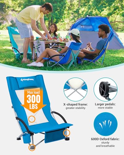 KingCamp Low Beach Chairs, Folding Portable Chair for Adults Lightweight Extra Wide Seat 300lbs Heavy Duty Oversized Backp...