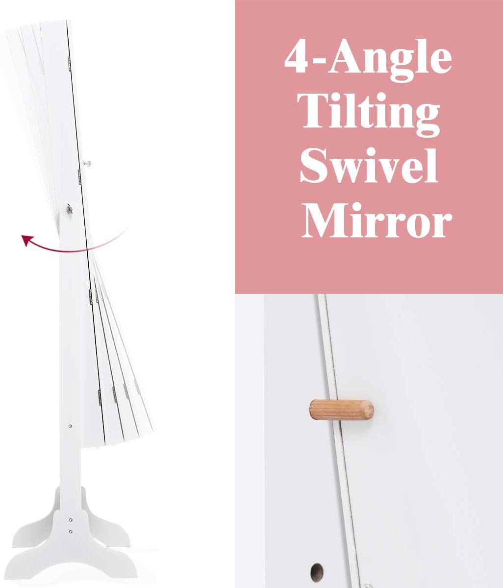 Mirror Wood Standing Jewelry Cabinet, Lockable Standing Jewelry Armoire with Key, Large Storage Capacity Jewelry Cabinet Organizer with 2 Drawers, 4 Angel Adjustable (White)