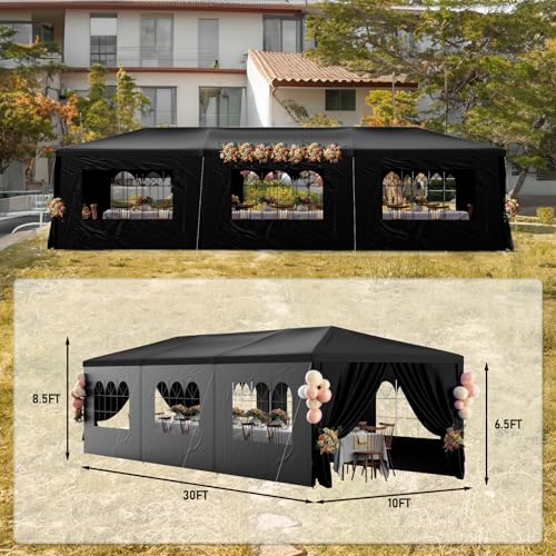 10x30 Black Outdoor Party Tent with 8 Removable Sidewalls Tents for Parties Gazebo Canopy Event Tent for Wedding, Birthda...