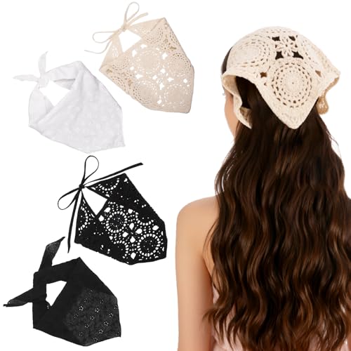 JATEBI 4PCS Women's Floral Lace Mesh Triangle Head Scarves Adjustable Boho Bandanas
