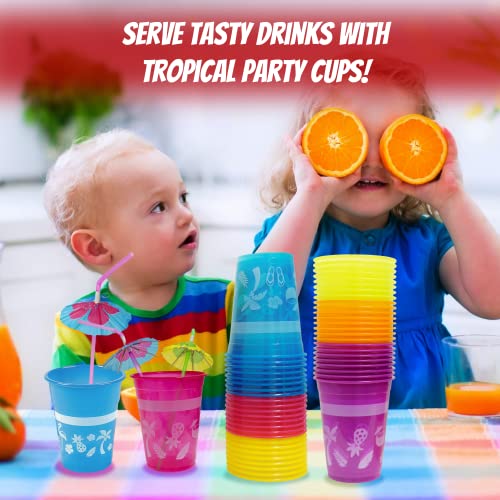 4E's Novelty 48 Packs Tropical Party Cups with Parasol Straws - Disposable Plastic Cups 16oz BPA free, for Hawaiian Luau P...