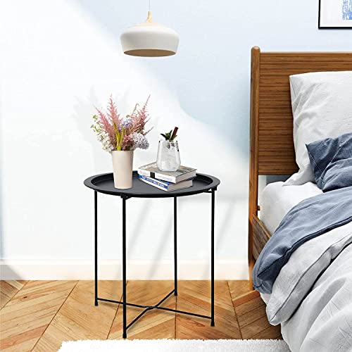 Garden 4 you End Table 2 PCS Metal Side Table Black Round Folding Tray Cyan Sofa Small Accent Fold-able Table, Round End T...