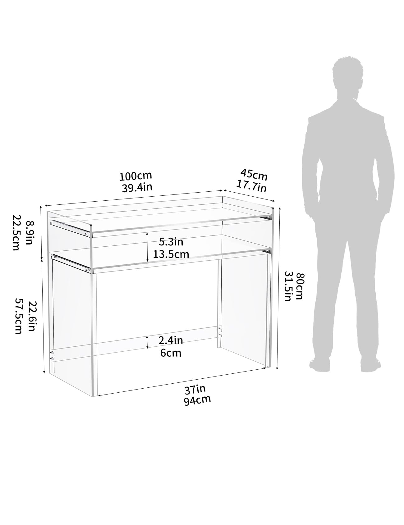 Acrylic Vanity Clear Desk Make Up Table with Storage Shelves 17.7" D x 39.4" W x 31.5" H （Without Mirror ）