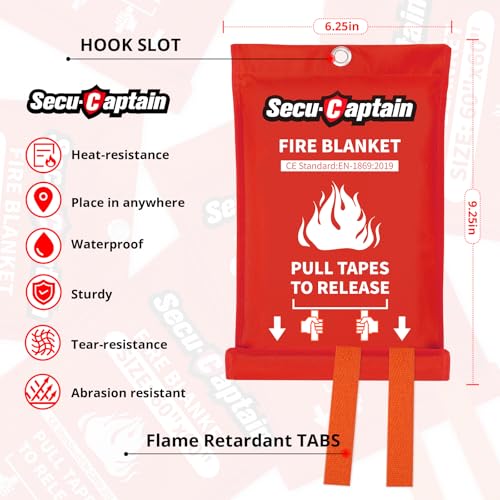SecuCaptain Emergency Fire Blanket for Home and Kitchen - 2 Pack 40"x40" Flame Suppression Fiberglass Fire Blankets for Ho...