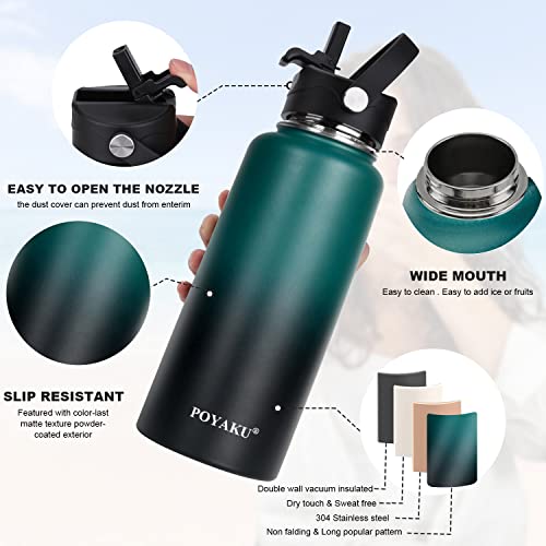 Water Bottle Insulated 32oz 40oz 64oz 128oz Straw Lid Spout Lid & 3 Lids, Leak Proof, Vacuum Insulated,Stainless Steel Wat...