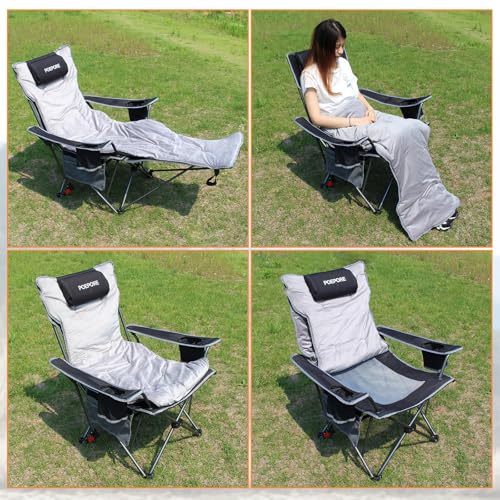 POEPORE Reclining Camping Chair with Removable Footrest Lounge Chair with Headrest, Cotton Cushion, Portable Adjustable Fo...