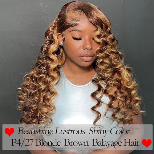 P4/27 Ombre Human Hair Bundles Loose Deep Wave Quick Weave Hair with Closure, 10A Brazilian Raw Deep Wave Human Hair Highlight Bundles with 4x4 Lace Closure(12 14 16+12inch, Honey Blonde Brown Color)