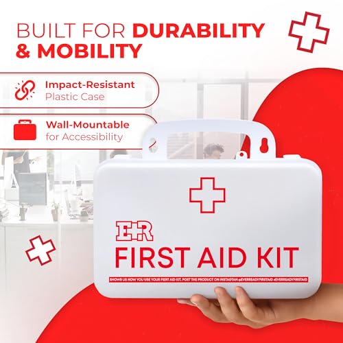 Class B OSHA ANSI Compliant First Aid Kit – Emergency Medical Supplies in Wall-Mountable Plastic Case for Workplace, Offic...