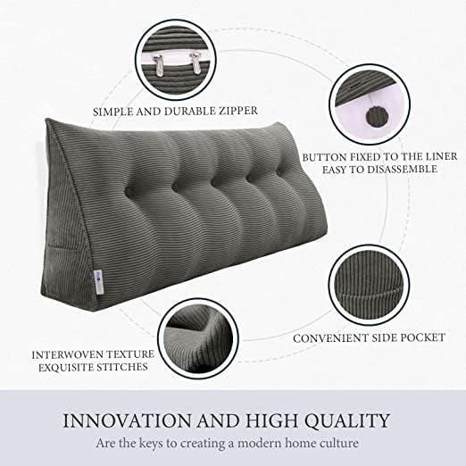 Wedge Headboard Pillow Dorm Room Reading Pillow Back Support for Sitting Up in Bed Bolster Lumbar Cushion Body Positioning Bedrest Corduroy (Dark Gray, Queen (59 * 8 * 20in))