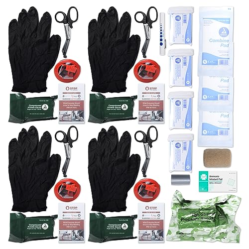 MFASCO Stop The Bleed Trauma Kit 4 Pack - Red Bag with STAT Tourniquet - Fully Stocked First Responder, EMT, & Military Fi...